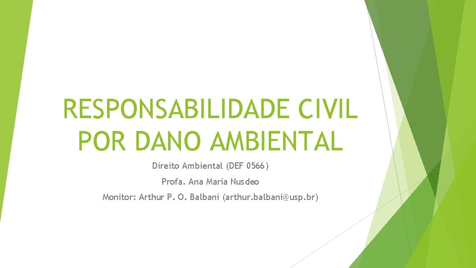 RESPONSABILIDADE CIVIL POR DANO AMBIENTAL Direito Ambiental (DEF 0566) Profa. Ana Maria Nusdeo Monitor: