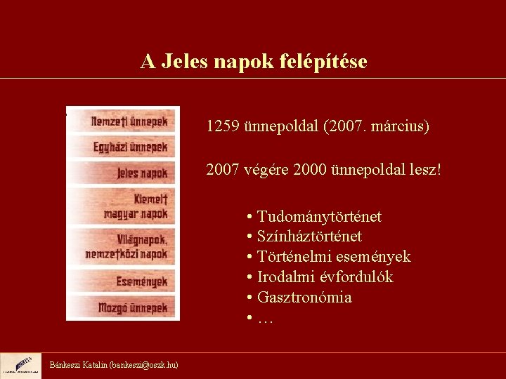 A Jeles napok felépítése 1259 ünnepoldal (2007. március) 2007 végére 2000 ünnepoldal lesz! •