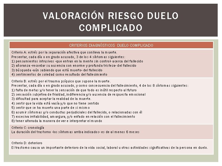 VALORACIÓN RIESGO DUELO COMPLICADO CRITERIOS DIAGNÓSTICOS DUELO COMPLICADO Criterio A: estrés por la separación