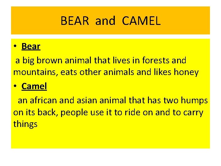 BEAR and CAMEL • Bear a big brown animal that lives in forests and