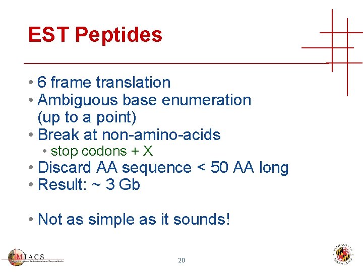 EST Peptides • 6 frame translation • Ambiguous base enumeration (up to a point)