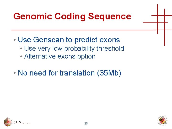 Genomic Coding Sequence • Use Genscan to predict exons • Use very low probability