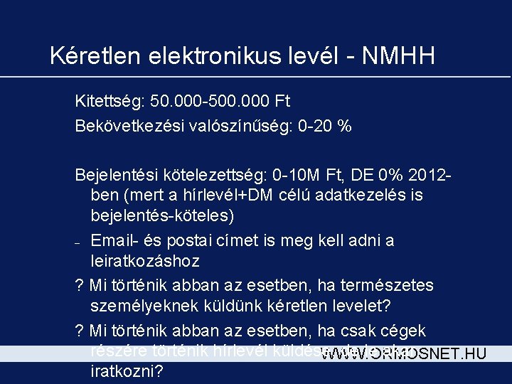 Kéretlen elektronikus levél - NMHH Kitettség: 50. 000 -500. 000 Ft Bekövetkezési valószínűség: 0