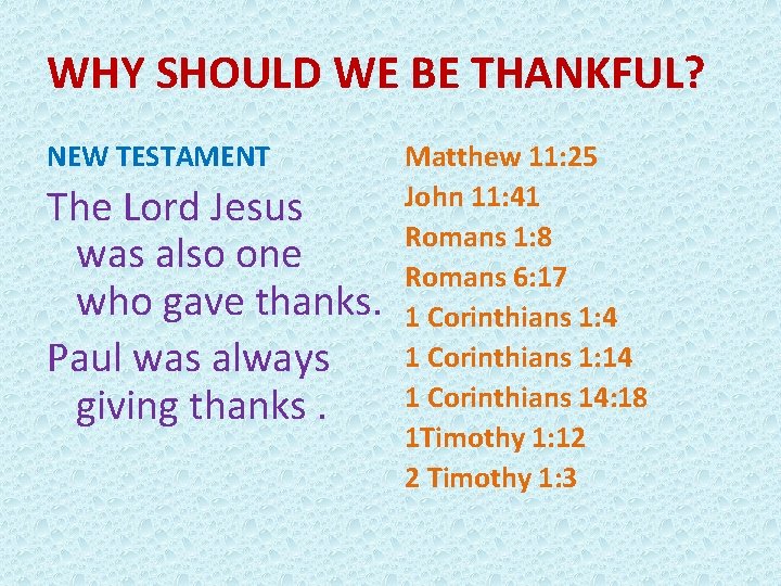 WHY SHOULD WE BE THANKFUL? NEW TESTAMENT The Lord Jesus was also one who