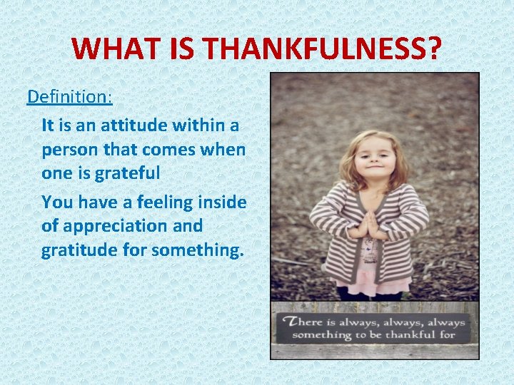 WHAT IS THANKFULNESS? Definition: It is an attitude within a person that comes when