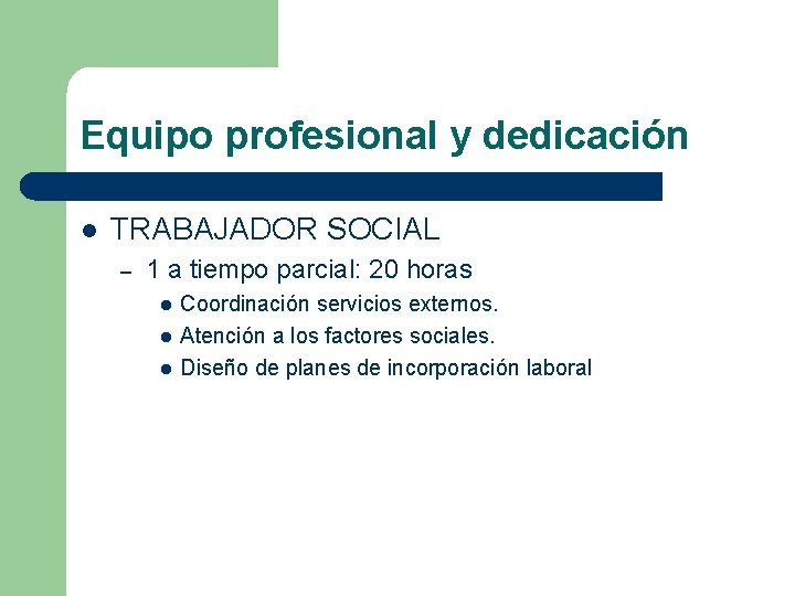 Equipo profesional y dedicación l TRABAJADOR SOCIAL – 1 a tiempo parcial: 20 horas