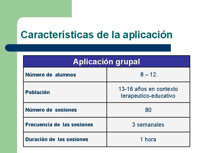 Características de la aplicación Aplicación grupal Número de alumnos Población Número de sesiones Frecuencia