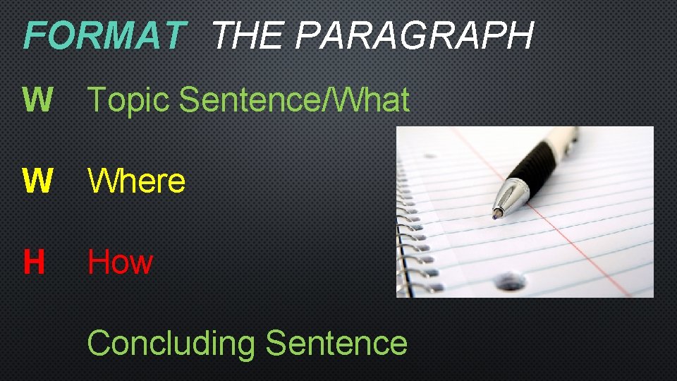 FORMAT THE PARAGRAPH W Topic Sentence/What W Where H How Concluding Sentence 