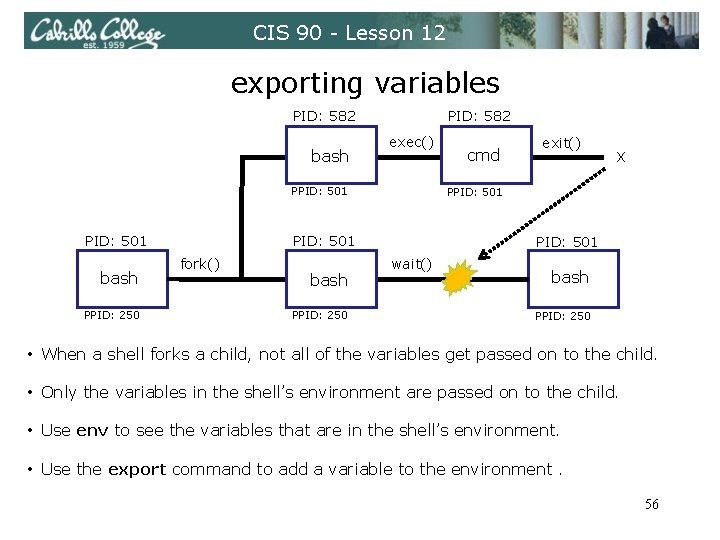 CIS 90 - Lesson 12 exporting variables PID: 582 exec() bash PPID: 501 bash