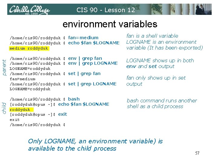 CIS 90 - Lesson 12 environment variables child parent /home/cis 90/roddyduk $ fan=medium /home/cis