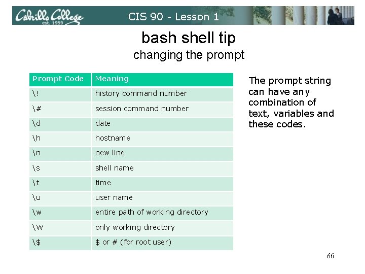 CIS 90 - Lesson 1 bash shell tip changing the prompt Prompt Code Meaning