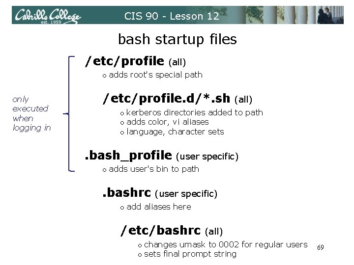 CIS 90 - Lesson 12 bash startup files /etc/profile (all) o adds root's special