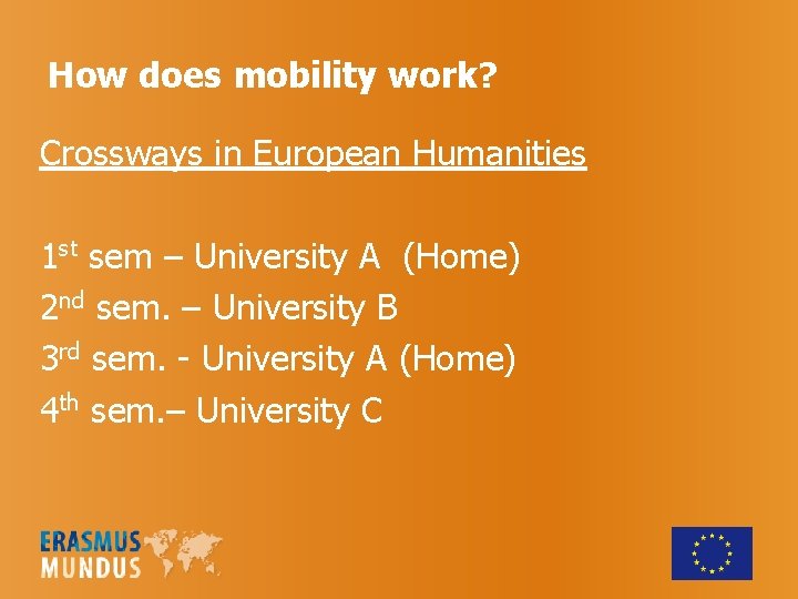 How does mobility work? Crossways in European Humanities 1 st sem – University A