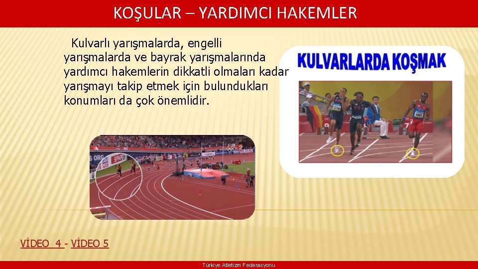 KOŞULAR – YARDIMCI HAKEMLER Kulvarlı yarışmalarda, engelli yarışmalarda ve bayrak yarışmalarında yardımcı hakemlerin dikkatli