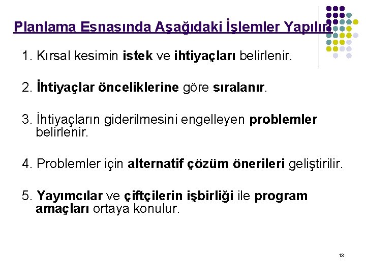 Planlama Esnasında Aşağıdaki İşlemler Yapılır: 1. Kırsal kesimin istek ve ihtiyaçları belirlenir. 2. İhtiyaçlar