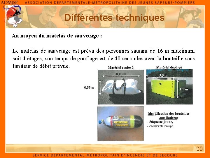 Différentes techniques Au moyen du matelas de sauvetage : Le matelas de sauvetage est