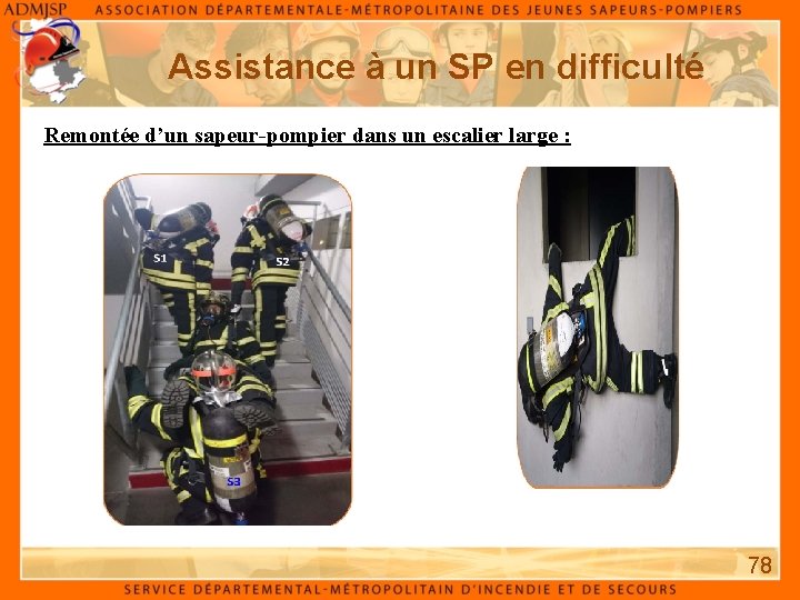 Assistance à un SP en difficulté Remontée d’un sapeur-pompier dans un escalier large :