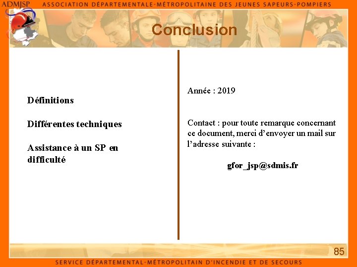 Conclusion Définitions Différentes techniques Assistance à un SP en difficulté Année : 2019 Contact