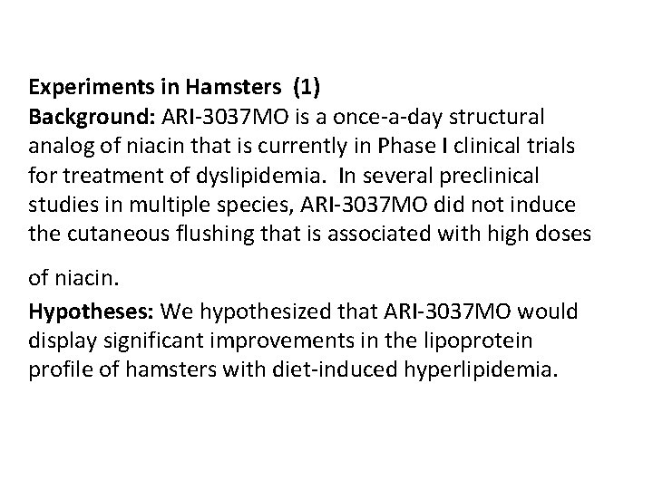 Experiments in Hamsters (1) Background: ARI-3037 MO is a once-a-day structural analog of niacin