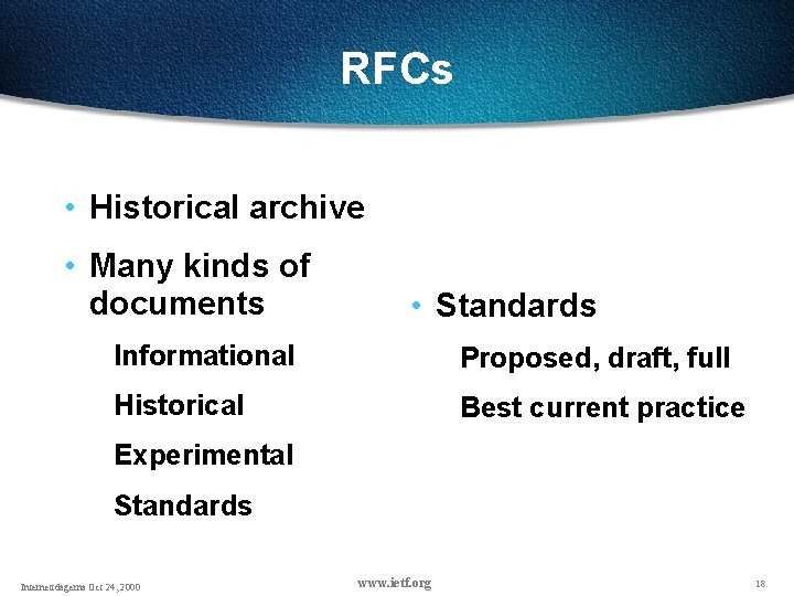 RFCs • Historical archive • Many kinds of documents • Standards Informational Proposed, draft, RFCs • Historical archive • Many kinds of documents • Standards Informational Proposed, draft,