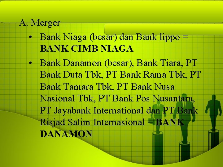 A. Merger • Bank Niaga (besar) dan Bank lippo = BANK CIMB NIAGA • A. Merger • Bank Niaga (besar) dan Bank lippo = BANK CIMB NIAGA •