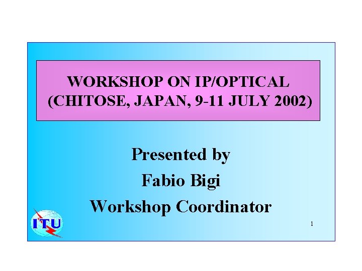 WORKSHOP ON IP/OPTICAL (CHITOSE, JAPAN, 9 -11 JULY 2002) Presented by Fabio Bigi Workshop