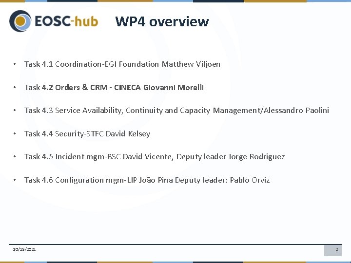 WP 4 overview • Task 4. 1 Coordination-EGI Foundation Matthew Viljoen • Task 4.