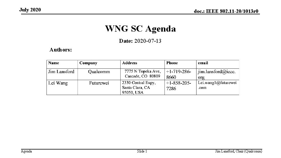 July 2020 doc. : IEEE 802. 11 -20/1013 r 0 WNG SC Agenda Date: