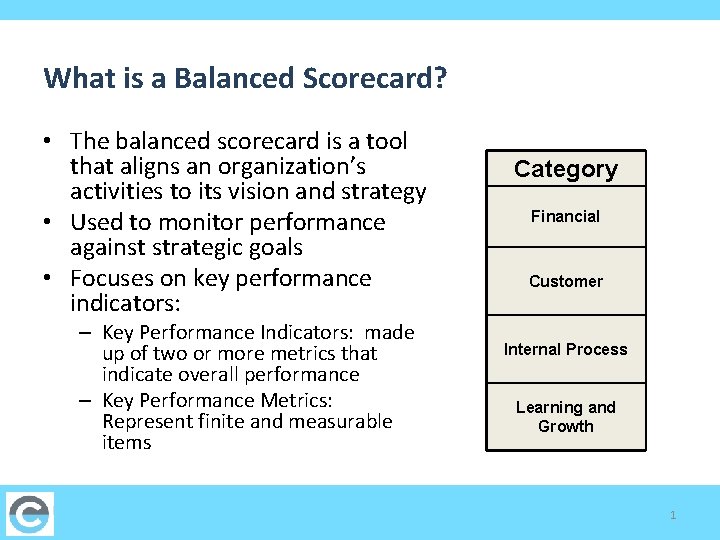 What is a Balanced Scorecard? • The balanced scorecard is a tool that aligns