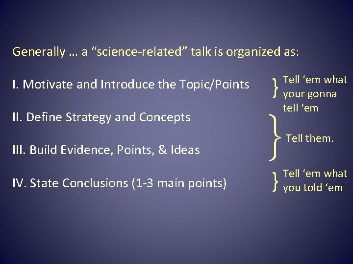 Generally … a “science-related” talk is organized as: I. Motivate and Introduce the Topic/Points