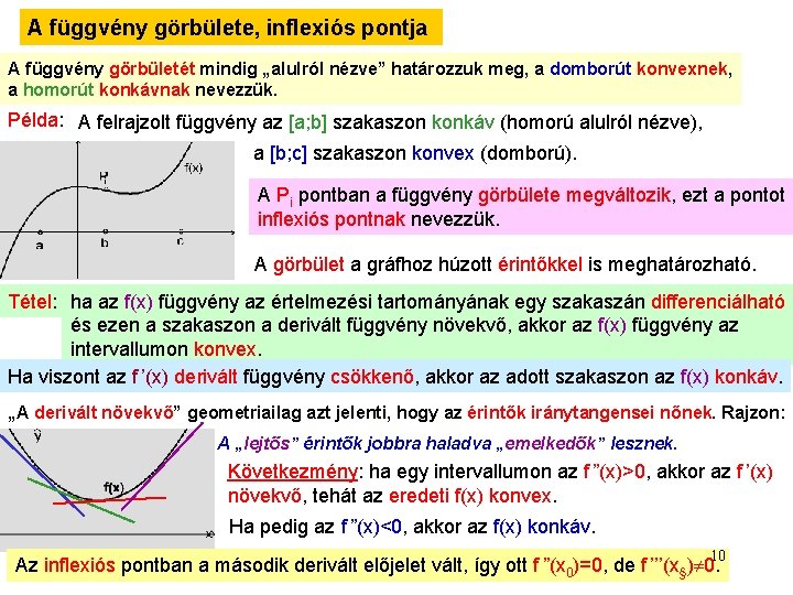 A függvény görbülete, inflexiós pontja A függvény görbületét mindig „alulról nézve” határozzuk meg, a