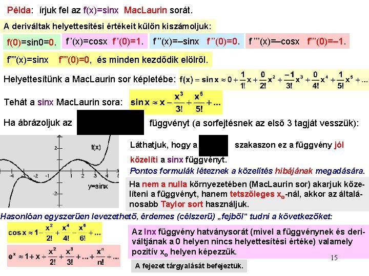 Példa: írjuk fel az f(x)=sinx Mac. Laurin sorát. A deriváltak helyettesítési értékeit külön kiszámoljuk: