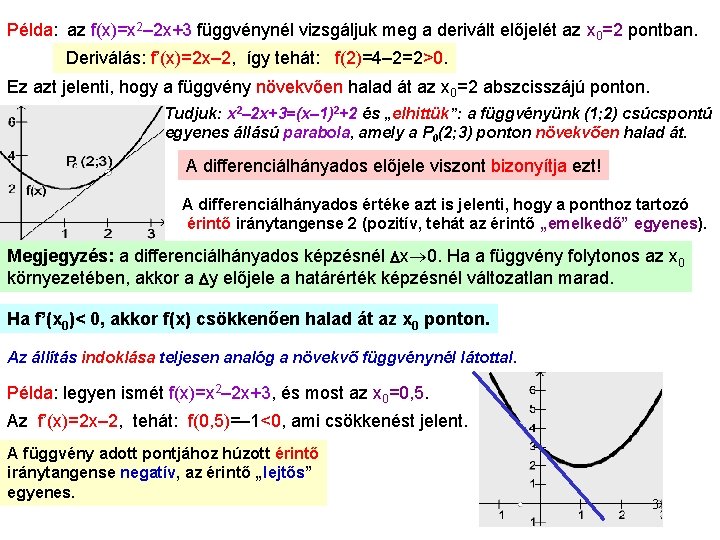 Példa: az f(x)=x 2– 2 x+3 függvénynél vizsgáljuk meg a derivált előjelét az x