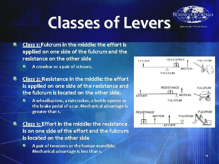 Classes of Levers Class 1: Fulcrum in the middle: the effort is applied on