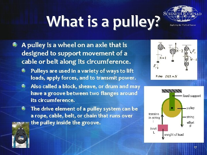 What is a pulley? A pulley is a wheel on an axle that is