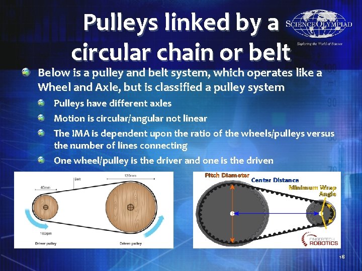Pulleys linked by a circular chain or belt Below is a pulley and belt