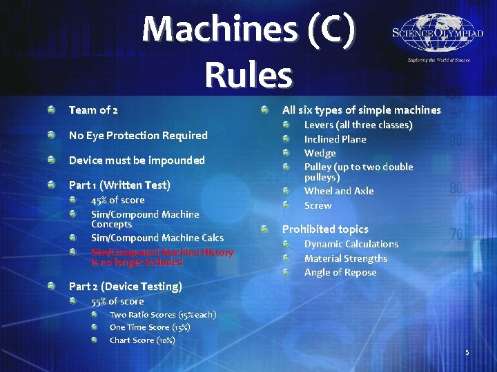 Machines (C) Rules Team of 2 No Eye Protection Required Device must be impounded