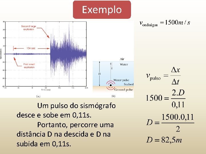Exemplo Um pulso do sismógrafo desce e sobe em 0, 11 s. Portanto, percorre