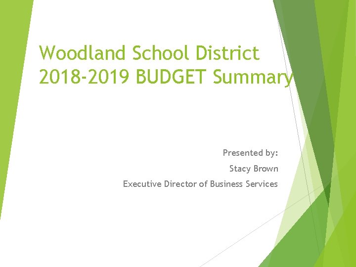 Woodland School District 2018 -2019 BUDGET Summary Presented by: Stacy Brown Executive Director of