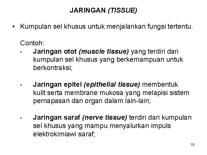 JARINGAN (TISSUE) • Kumpulan sel khusus untuk menjalankan fungsi tertentu. Contoh: Jaringan otot (muscle