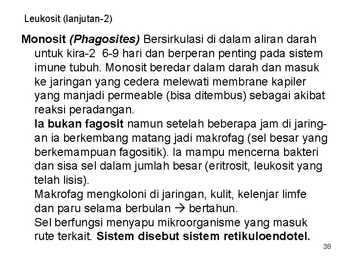 Leukosit (lanjutan-2) Monosit (Phagosites) Bersirkulasi di dalam aliran darah untuk kira-2 6 -9 hari