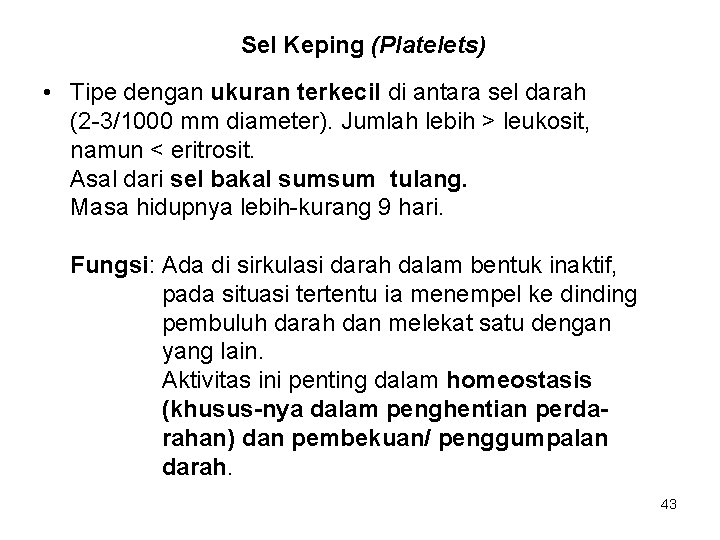 Sel Keping (Platelets) • Tipe dengan ukuran terkecil di antara sel darah (2 -3/1000