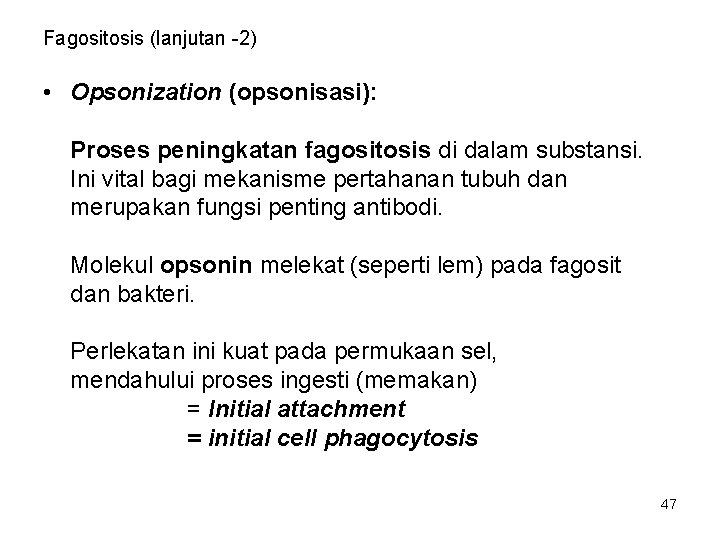 Fagositosis (lanjutan -2) • Opsonization (opsonisasi): Proses peningkatan fagositosis di dalam substansi. Ini vital