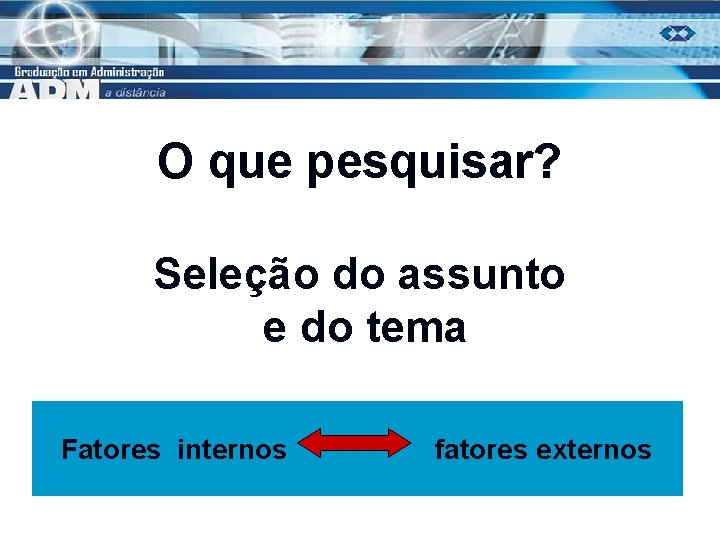 O que pesquisar? Seleção do assunto e do tema Fatores internos fatores externos 