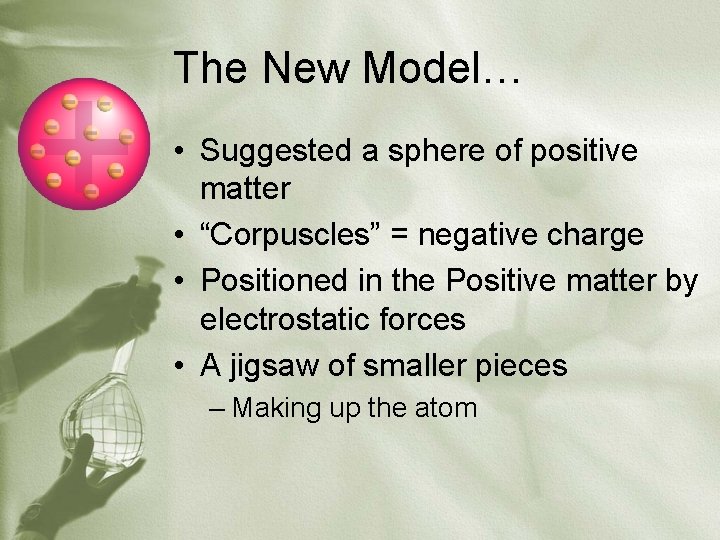 The New Model… • Suggested a sphere of positive matter • “Corpuscles” = negative