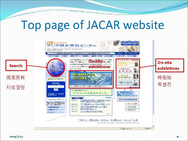 Top page of JACAR website Search 阅览资料 자료열람 2009/3/25 On-site exhibitions 特别站 특별전 11