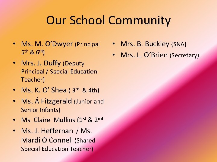 Our School Community • Ms. M. O’Dwyer (Principal 5 th & 6 th) •