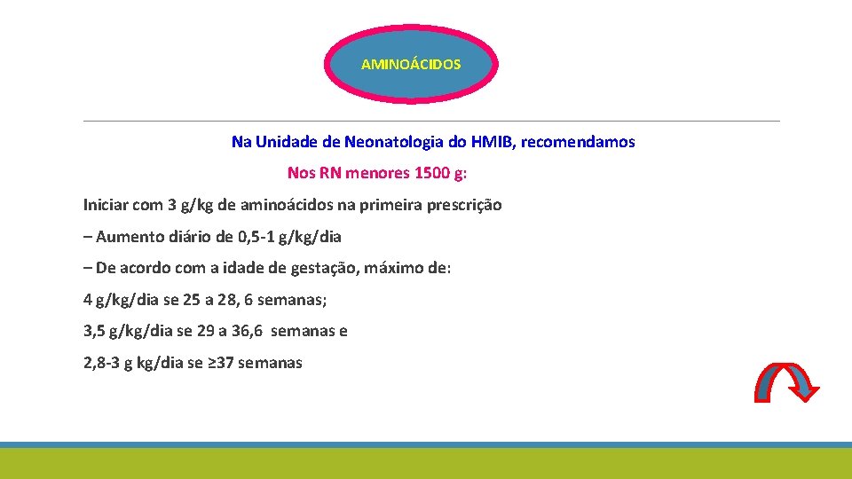 AMINOÁCIDOS Na Unidade de Neonatologia do HMIB, recomendamos Nos RN menores 1500 g: Iniciar