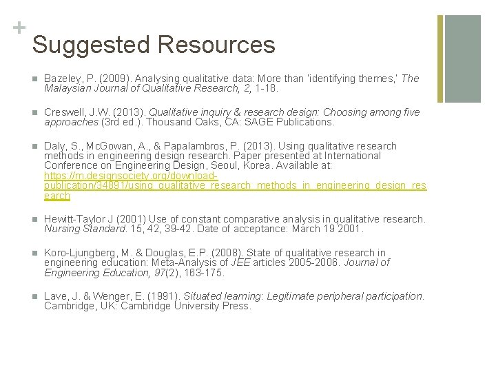 + Suggested Resources n Bazeley, P. (2009). Analysing qualitative data: More than ‘identifying themes,