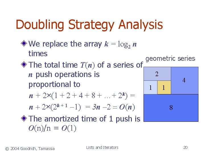 Doubling Strategy Analysis We replace the array k = log 2 n times geometric